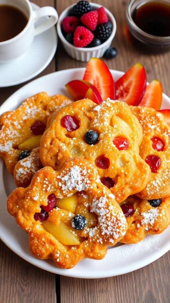 Golden-brown mixed fruit fritters dusted with powdered sugar, served with fresh fruit slices on a rustic table.
